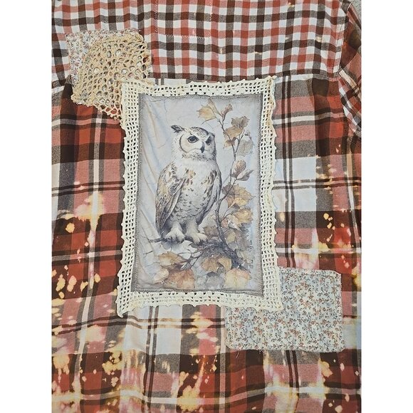 OOAK Upcycle Flannel Tunic Shacket Shirt Birding Owl Fall Distressed Women's L - Picture 2 of 12